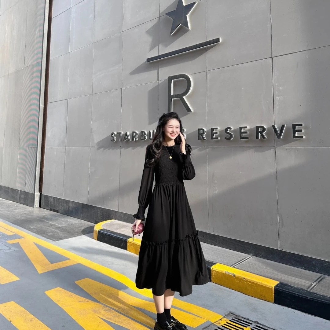 GIRDEAR/哥弟新款显瘦打褶黑色长袖连衣裙1500491-1118811-001