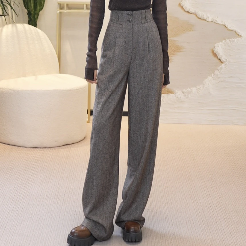 GIRDEAR/哥弟格榛果灰棕百搭时尚休闲高腰双排扣直筒裤1100468