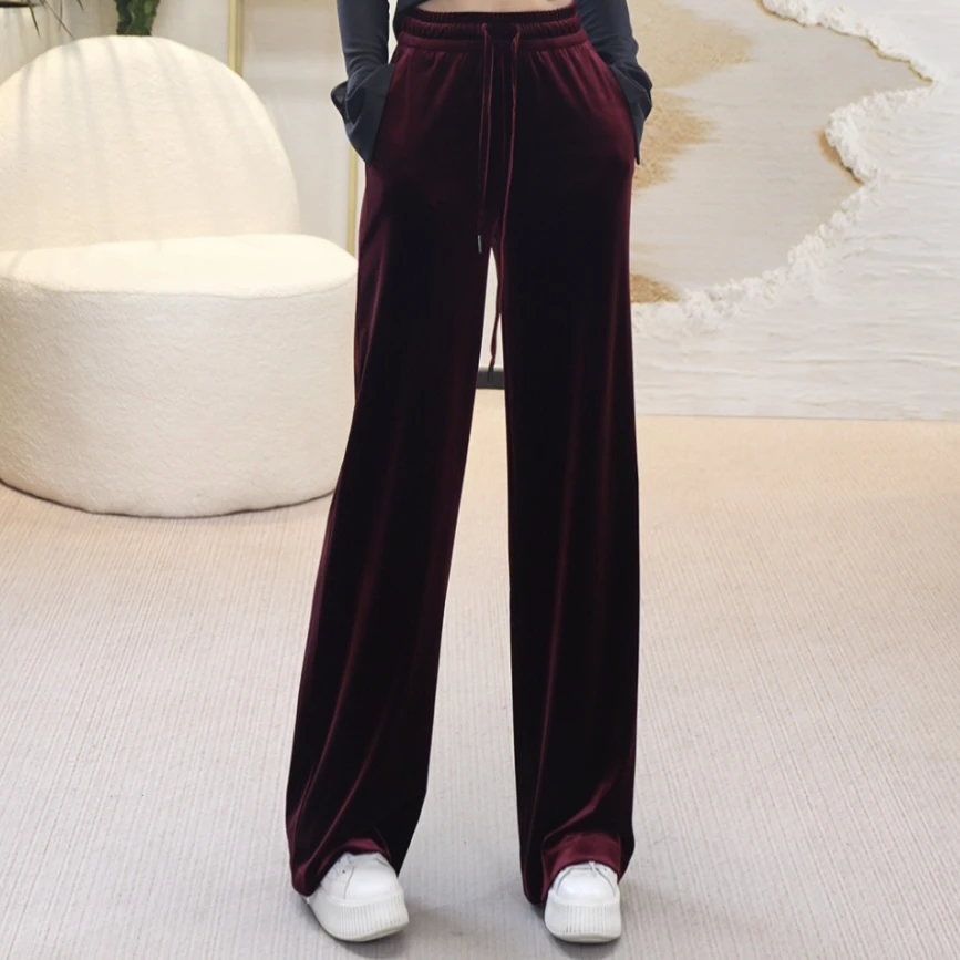 GIRDEAR哥弟红丝绒高腰松紧绳质感休闲直筒长裤女1100498