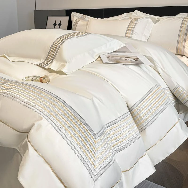 新款高档丝滑长绒棉四件套简约纯棉磨毛被罩绣花酒店轻奢欧式被套