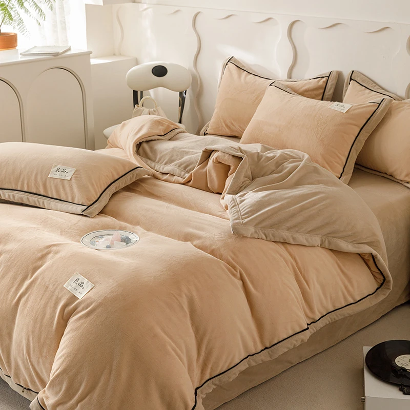 加厚单人冬季四件套纯色毛绒被套双面绒床单水晶绒保暖绒面被罩