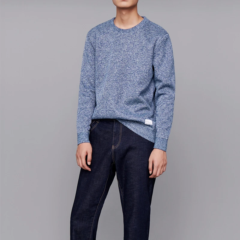 撤柜男装蓝灰色圆领加绒加厚针织衫冬季通勤百搭纯色长袖保暖卫衣
