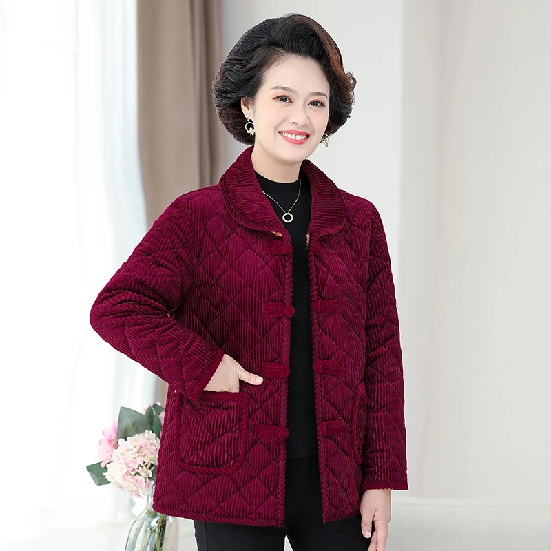 加绒加厚妈妈棉衣大码妈妈装短款洋气翻领秋冬保暖棉袄中老年女装