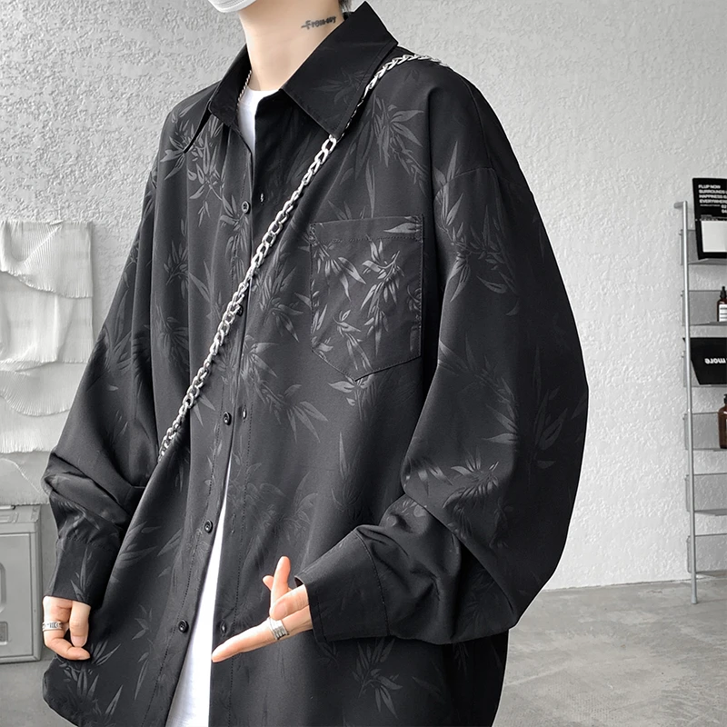 新中式竹叶冰丝垂感长袖衬衫男春秋薄款国风潮牌宽松大码衬衣外套