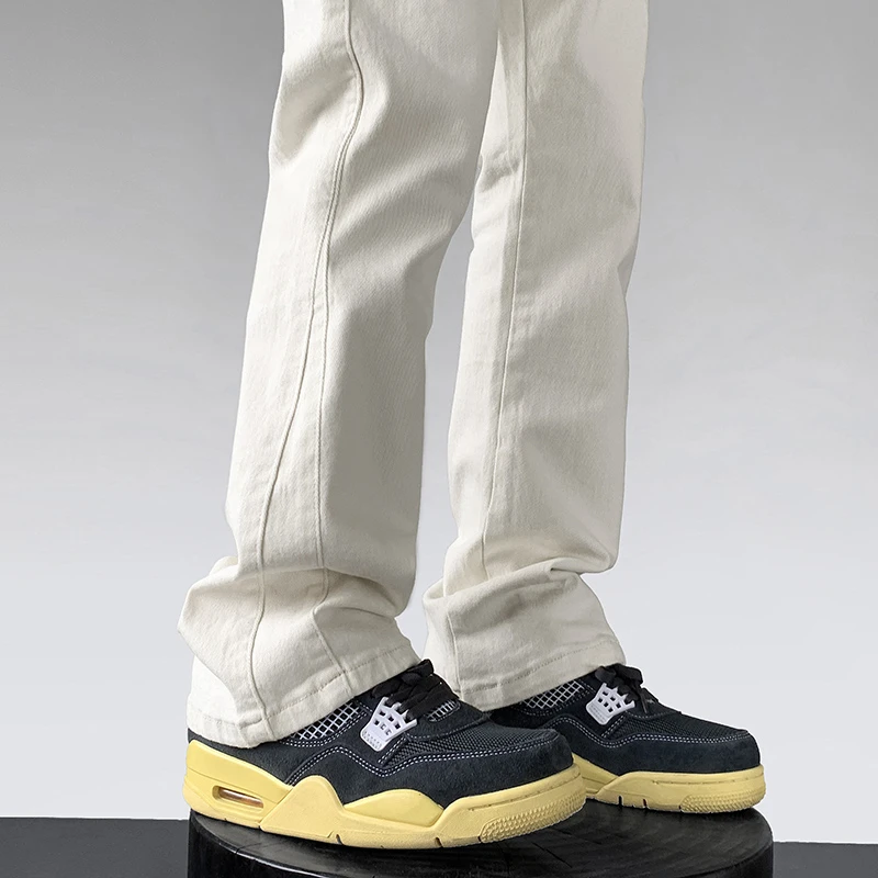 杏色修身直筒拼接水洗牛仔裤男春秋高街美式vibe潮牌痞帅微喇裤子