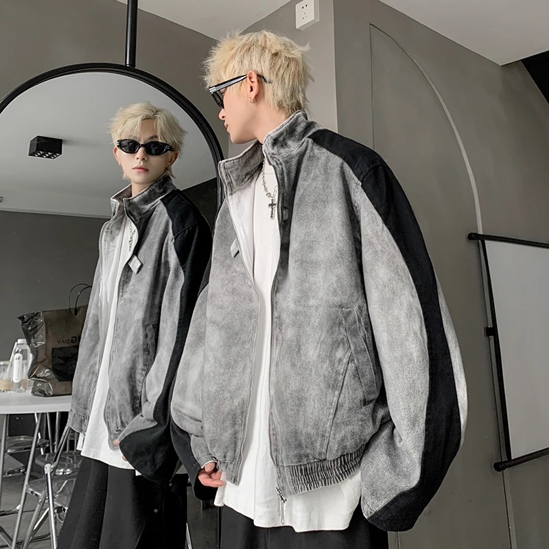 扎染拼接垫肩水洗棒球服外套男春秋美式高街潮牌痞帅宽松高级夹克