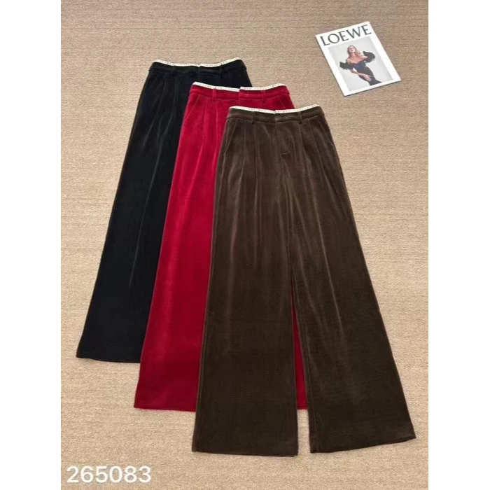 KIKI严选：265083-YER欧洲站冬季新款设计感拼色腰头阔腿丝绒裤