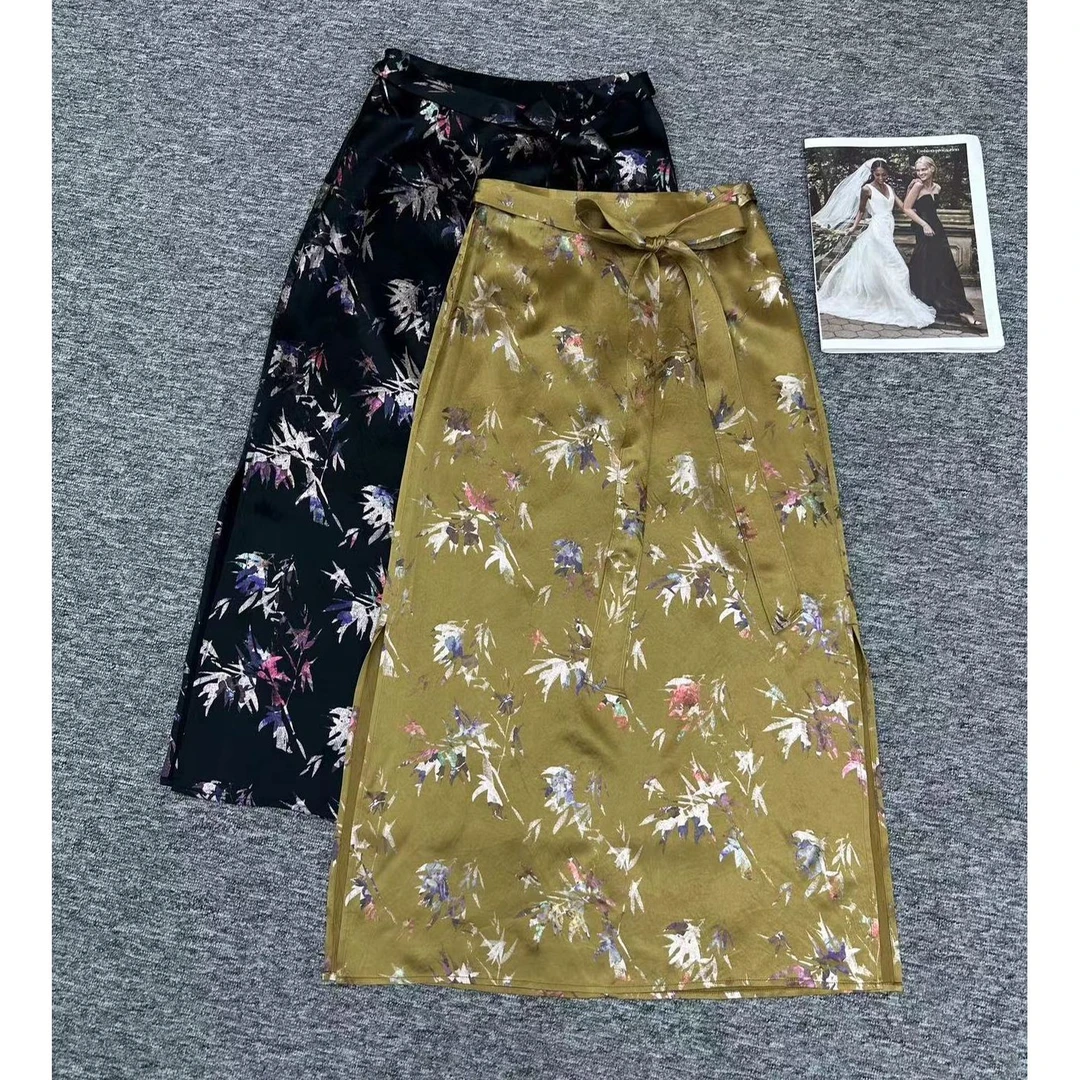 KIKI严选：06103-YER家欧货款原创竹叶印花拼接蝴蝶结开叉半身裙