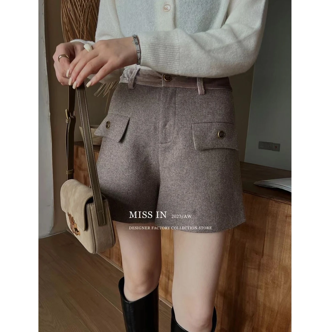 KIKI严选：【YS775】YS欧洲站秋季新款简约时尚拼丝绒双口袋毛呢