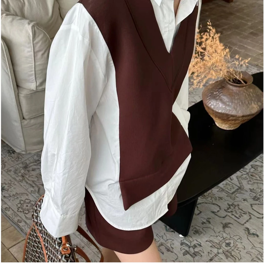 KIKI严选：1117-P家原创针织拼接衬衫假两件上衣+短裤两件套装