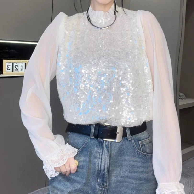 KIKI严选：6211-欧货春季新款原创长袖亮片蕾丝花边拼接衬衫上衣