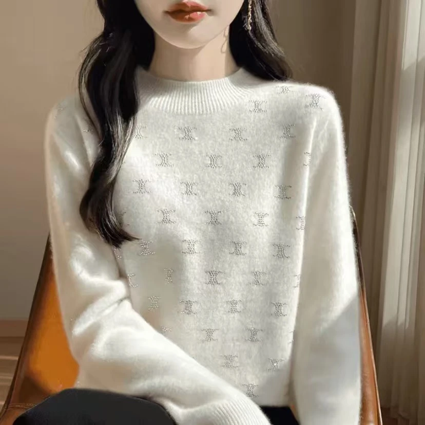 [Muzi·]2024轻奢上衣时尚套头秋冬无缝烫钻羊毛长袖针织衫M0225