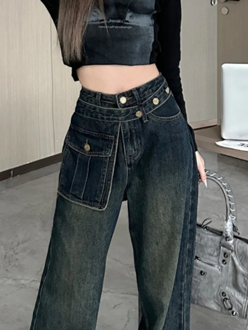 25春季新款复古蓝个性腰高腰阔腿直筒拖地休闲工装牛仔裤美式