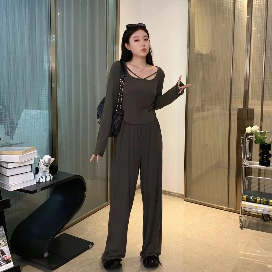 【琪琪推荐】大码女装慵懒风设计感显瘦休闲上衣+阔腿裤T4853QQ