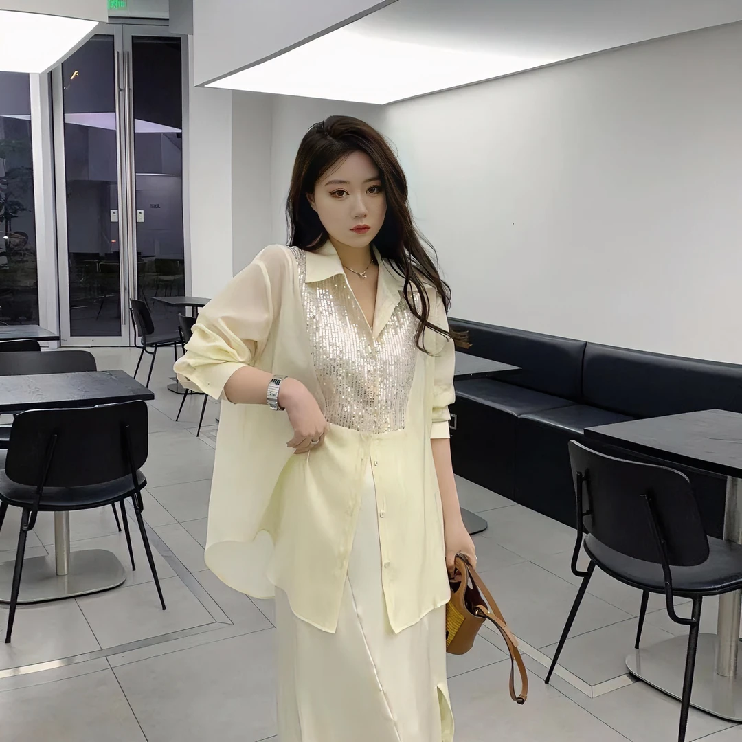 【琪琪推荐】大码女装春夏新款亮片薄款长袖衬衫+半身裙T2791QQ