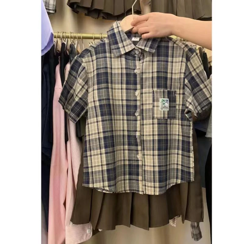小个子撞色格纹学院风套装夏季新款修身短袖衬衫+百褶裙