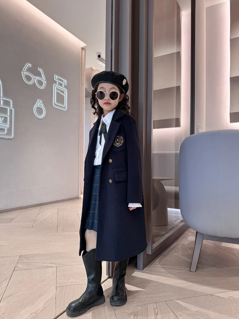 秋冬季中大童女童学院风呢子大衣儿童外套中长款双排扣6-12岁时尚