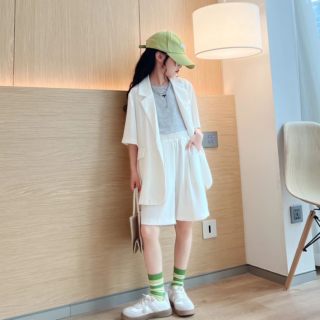 纯色西装套装时髦女童女孩短裤休闲宽松两件套韩版夏季洋气中大童