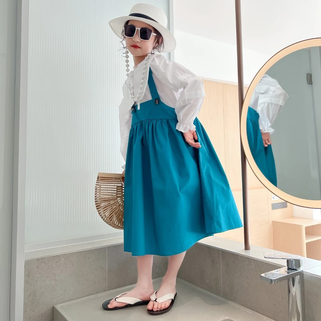 春季秋季儿童中大童女童背带泡泡袖连衣裙韩版洋气时尚背带裙12岁