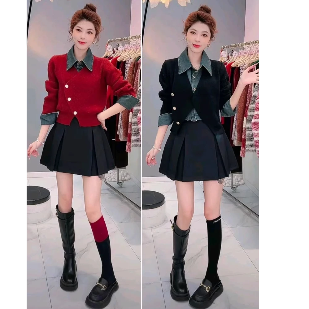 秋冬韩版女装时尚牛仔拼接假两件针织衫毛衣百褶短裙时尚两件套装
