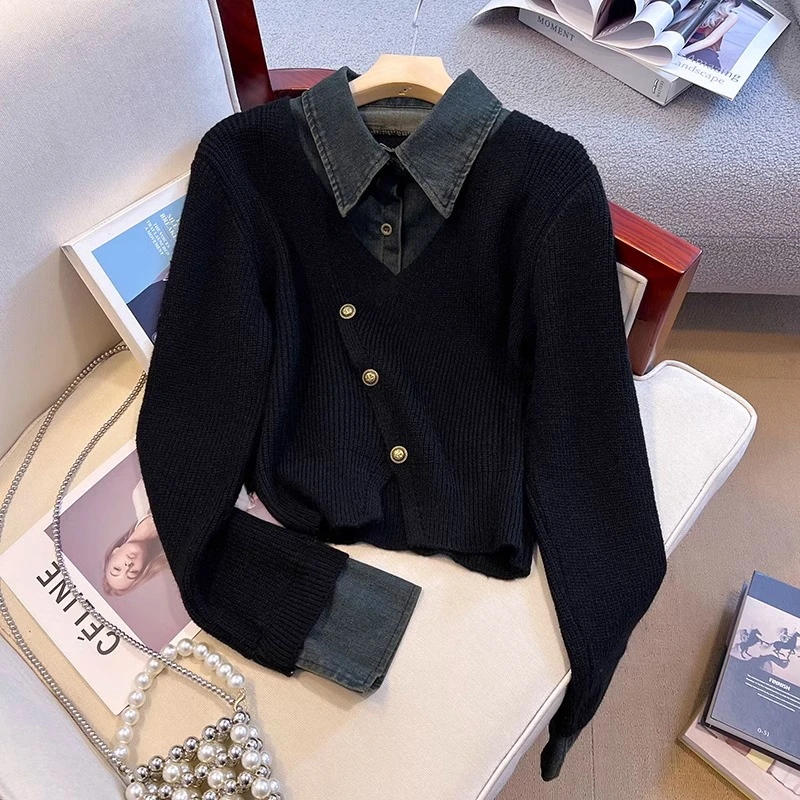 韩系风洋气翻领假两件毛衣针织开衫外套女秋冬新款设计感长袖上衣