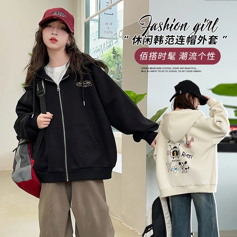女童新款后背手绘涂鸦连帽外套女孩中大童学生休闲宽松潮款8-15岁