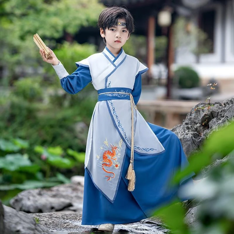 三字经中国风民族服装古风帅气汉服男童大童武侠风表演服古装唐装