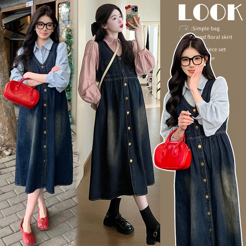 【懒洋洋】小个子孕妇春秋韩版时尚宽松气质衬衫牛仔背带裙连衣裙