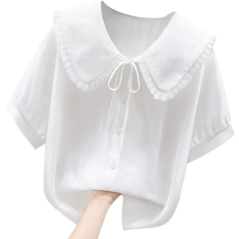 【尤莱特】2025夏装新款女拼接简约翻领单排扣娃娃领衬衫S32B1683C