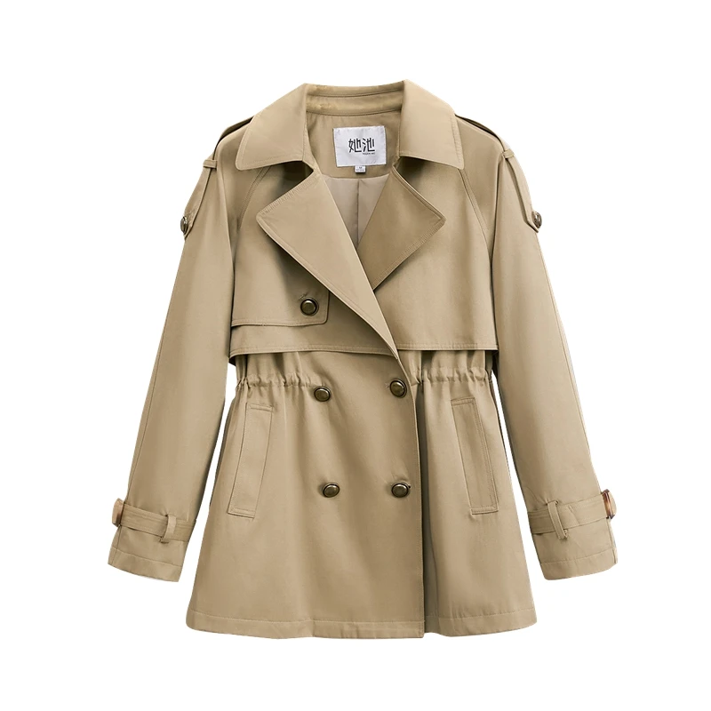 她池2024秋装新款女装气质翻领收腰显瘦中长款韩版风衣T33Z3172F