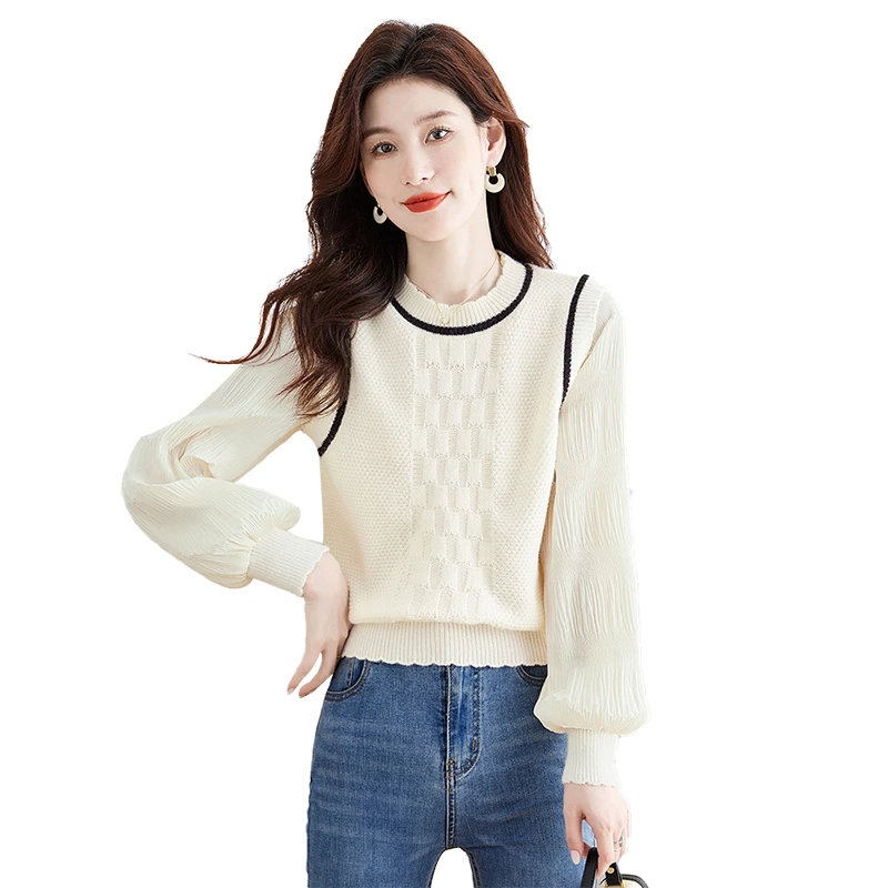 2025秋装新款女装时尚慵懒风撞色套头拼接洋气针织衫S33P0014Z