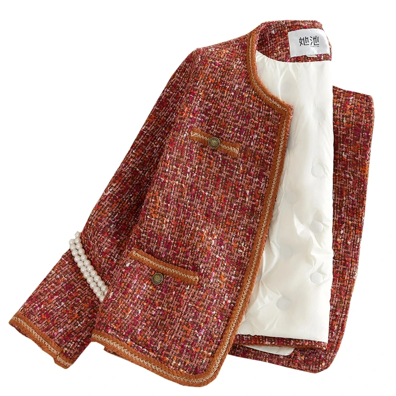 她池2024冬新款女士简约长袖轻薄外套小香风羽绒外套T34Z4656AA