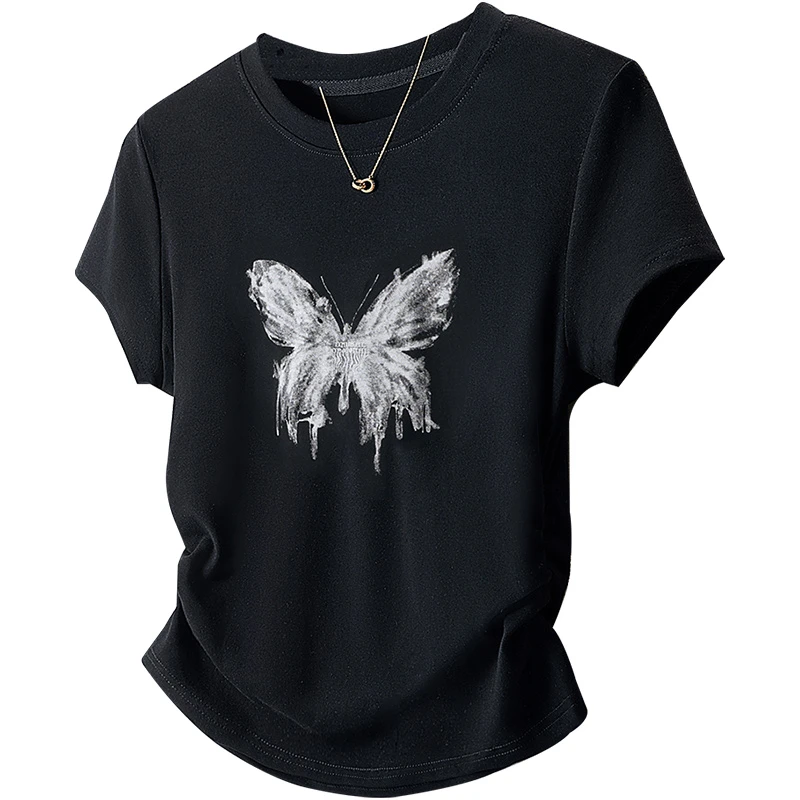 2025夏装新款女装蝴蝶印花休闲褶皱套头圆领短袖显瘦T恤S42X6060T