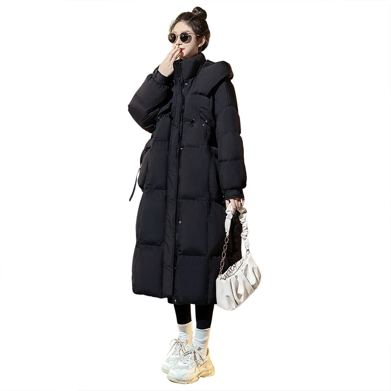 2024冬装新款女装时尚简约过膝抽绳中长款连帽羽绒服S34R2570Y