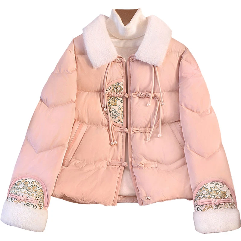 2024冬装新款女装拼接翻领新中式长袖盘扣90绒羽绒服S44B4746Y