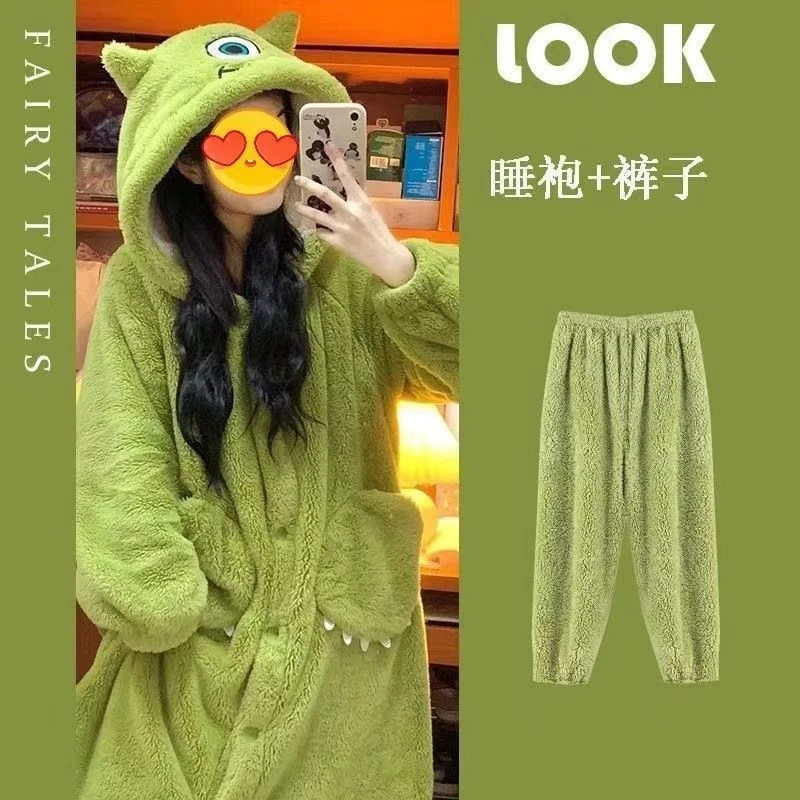 可爱大眼仔冬季睡衣女秋冬款珊瑚绒睡袍冬加绒加厚学生可外穿睡裙