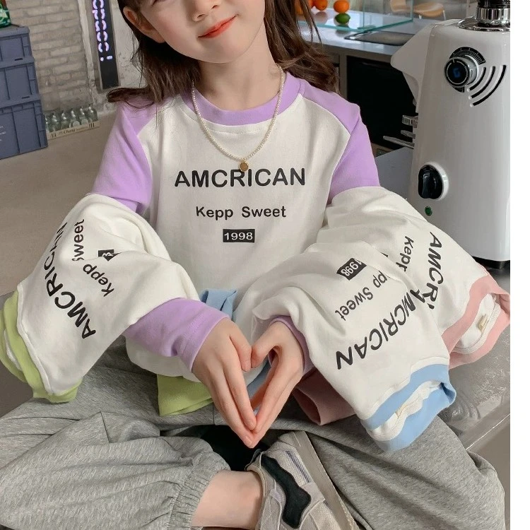 女童打底衫春秋新款长袖插肩洋气拼接