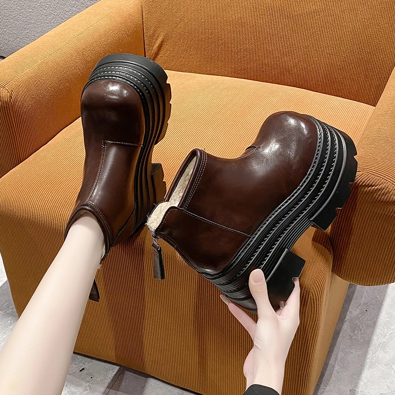 欧货皮面10cm厚底马丁靴女冬季加绒保暖棉鞋雪地靴小个子增高短靴