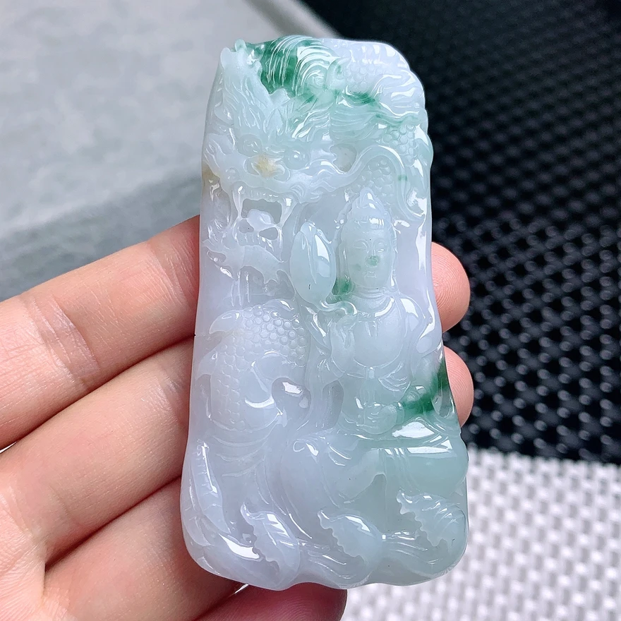 缅甸翡翠观音玉石玉佩 天然翡翠A货飘花降龙观音挂件4713