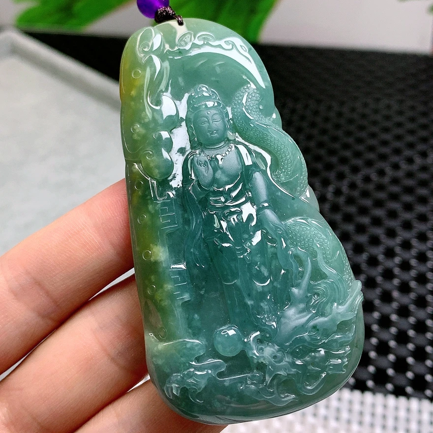 天然翡翠精美A货观音守护神蓝水厚装精雕雕刻降龙观音挂件牌4300