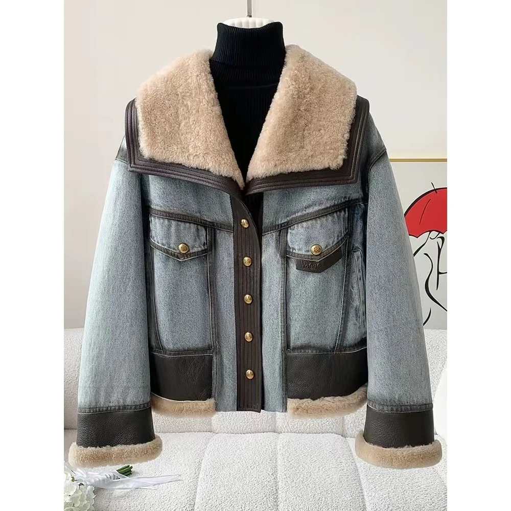 2024冬季新款海宁皮毛一体外套女牛仔拼接皮草大衣独特年轻款棉衣