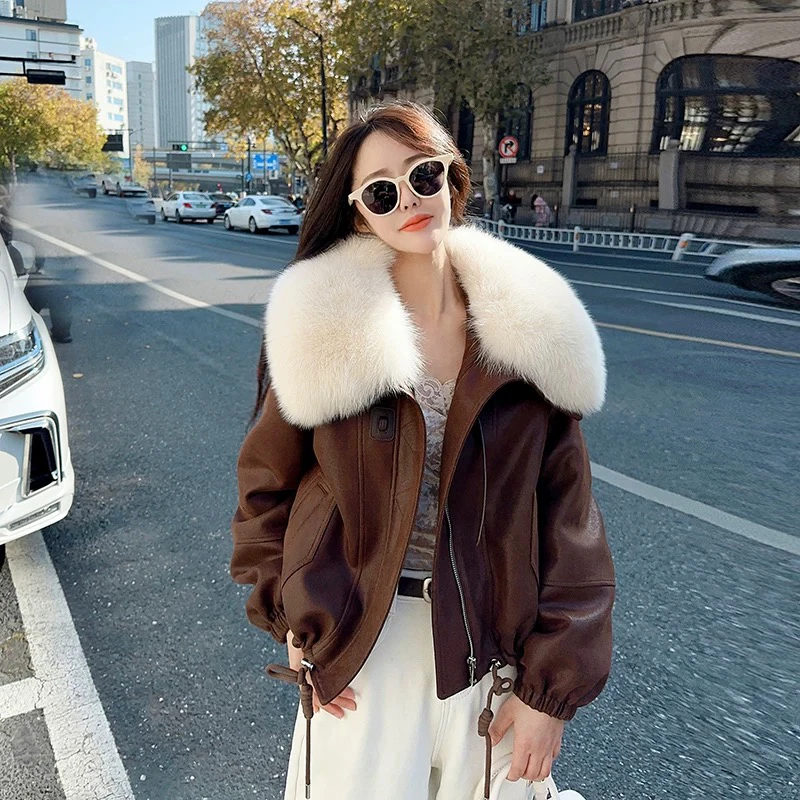 爆款大毛领仿狐狸毛皮草外套女2024年冬新款机车服年轻款