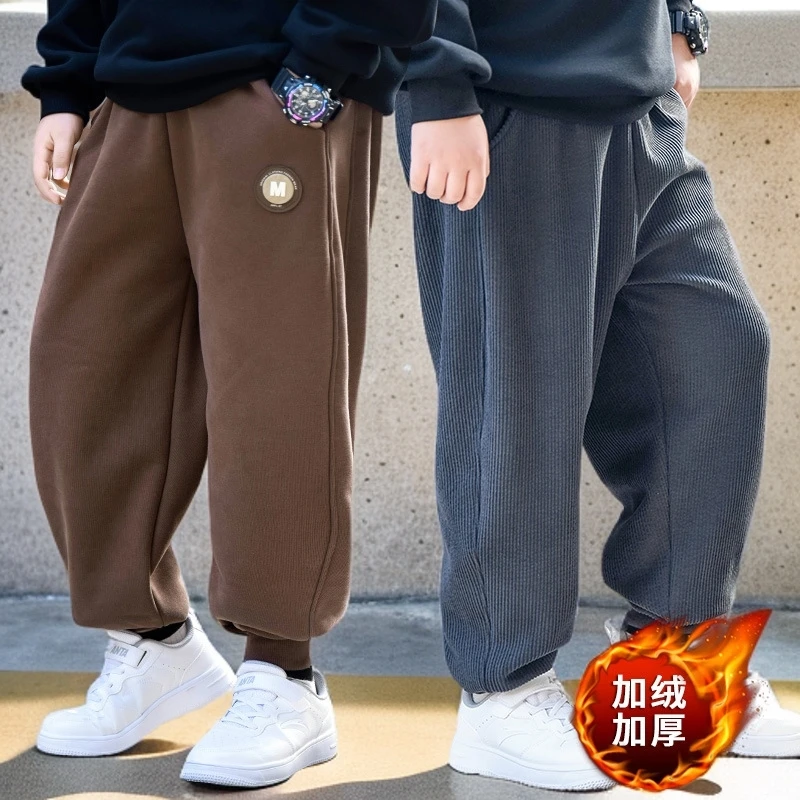 胖男童冬季加绒加厚裤子运动裤中大童卫裤一体绒儿童宽松长裤冬款