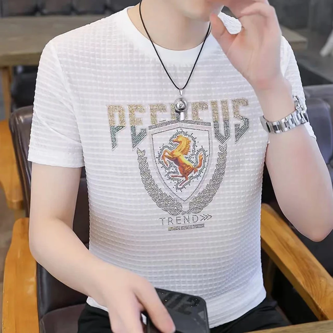 男士2024爆款冰丝提花夏季圆领短袖高奢T恤轻奢潮流修身76611