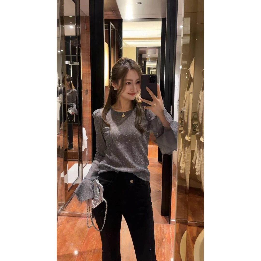 W·HAHA【月落星沉】手工烫钻双层喇叭袖圆领长袖打底衫013
