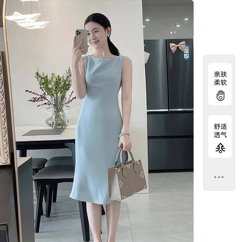 高级感蓝色御姐风无袖连衣裙女夏季2025新款气质通勤鱼尾包臀裙子