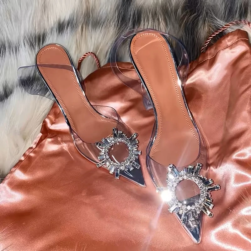 2025年新款夏季气质单鞋仙女风细跟水钻凉鞋尖头透明水晶高跟鞋女