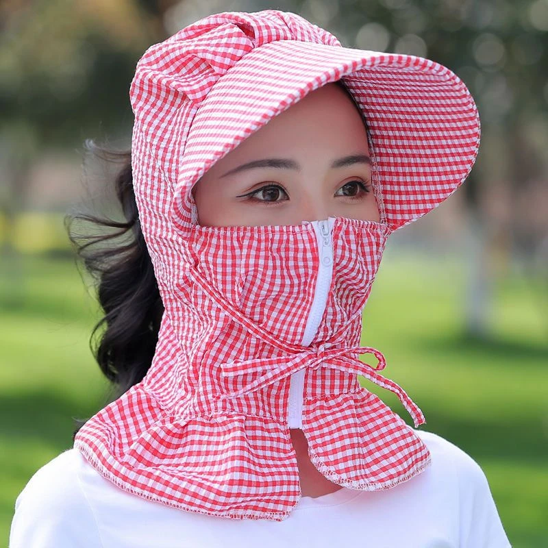 防晒帽子女遮脸夏天干活采茶叶防紫外线遮阳骑车遮脸扎马尾太阳帽