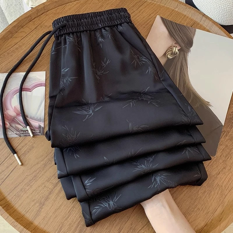 国风印花阔腿裤女2024款夏季薄款宽松垂感缎面冰丝醋酸直筒中国风