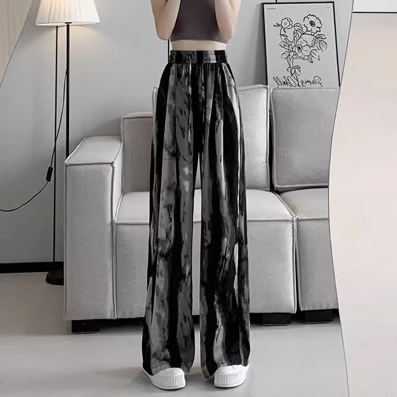 水墨画扎染印花阔腿裤女夏季薄款裤子高腰垂感休闲窄版直筒裤气质